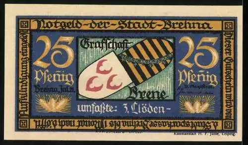 Notgeld Brehna 1921, 25 Pfennig, Landschaft und Wappen der Grafschaft Brehna