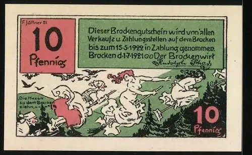 Notgeld Brocken 1921, 10 Pfennig, Mephistopheles und Hexen auf dem Brocken
