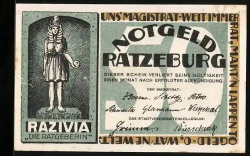 Notgeld Ratzeburg, 50 Pfg, Abbildung der Figur Razivia und Stadtansicht mit Kirche, Gebrüder Borchers GmbH, Lübeck