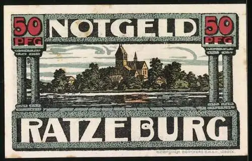 Notgeld Ratzeburg, 50 Pfg, Abbildung der Figur Razivia und Stadtansicht mit Kirche, Gebrüder Borchers GmbH, Lübeck