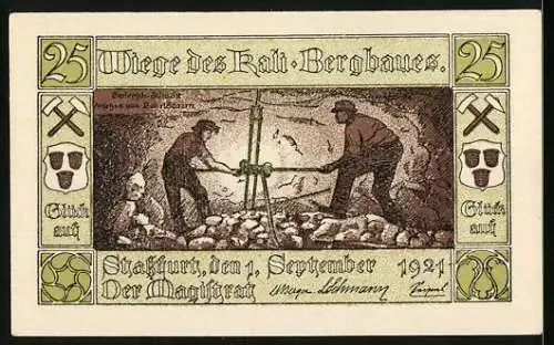 Notgeld Stassfurt, 1921, 25 Pfennig, Bergbauarbeiter bei der Arbeit und Mann mit Hammer, Druck: Himmer Augsburg