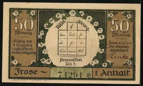 Notgeld Frose 1921, 50 Pfennig, Überschwemmungsgebiet zwischen Gatersleben und Aschersleben, Preisrätsel auf Rückseite