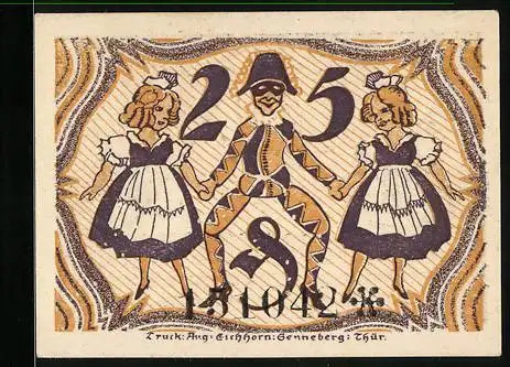 Notgeld Sonneberg, 1921, 25 Pfennig, Tänzer und Tänzerinnen, florales Muster, Seriennummer 131042