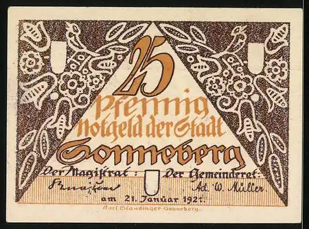 Notgeld Sonneberg, 1921, 25 Pfennig, Tänzer und Tänzerinnen, florales Muster, Seriennummer 131042