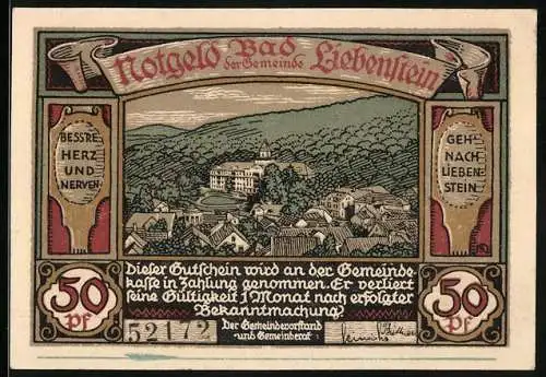 Notgeld Bad Liebenstein, 50 Pf, Besserung Herz und Nerven, Quellentempel und Stadtansicht, Seriennummer 52173