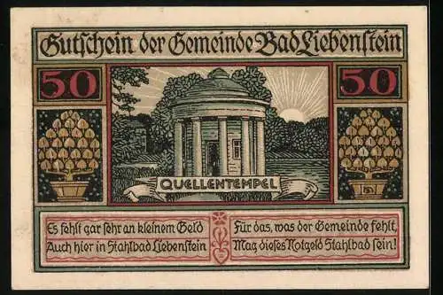 Notgeld Bad Liebenstein, 50 Pf, Besserung Herz und Nerven, Quellentempel und Stadtansicht, Seriennummer 52173