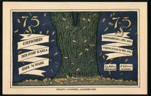 Notgeld Kahla 1921, 3 /4 Mark, Einigkeit macht stark - Baum mit fallenden Blättern