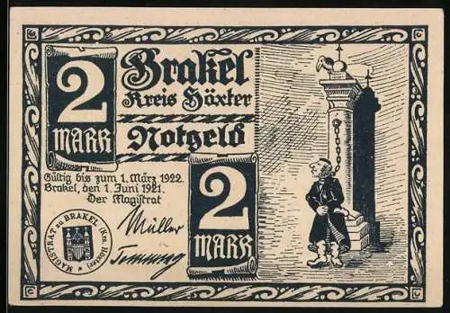 Notgeld Brakel 1921, 2 Mark, Darstellung eines Mannes an einer Säule und mittelalterliche Strassenszene mit Gedicht