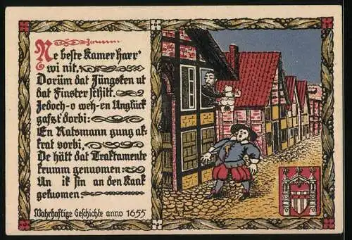 Notgeld Brakel 1921, 2 Mark, Darstellung eines Mannes an einer Säule und mittelalterliche Strassenszene mit Gedicht