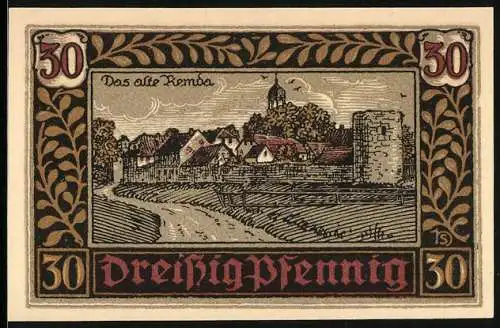 Notgeld Remda 1921, 30 Pfennig, Darstellung des alten Remda und Wappen mit Löwen