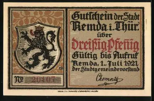 Notgeld Remda 1921, 30 Pfennig, Darstellung des alten Remda und Wappen mit Löwen