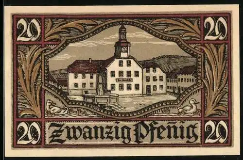 Notgeld Remda, 1921, 20 Pfennig, Stadtansicht und Wappen mit Löwen