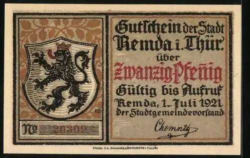 Notgeld Remda, 1921, 20 Pfennig, Stadtansicht und Wappen mit Löwen