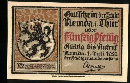 Notgeld Remda, 1921, 50 Pfennig, Gutschein der Stadt Remda i. Thür, Löwenwappen, Rückseite Burg Ehrenstein bei Remda