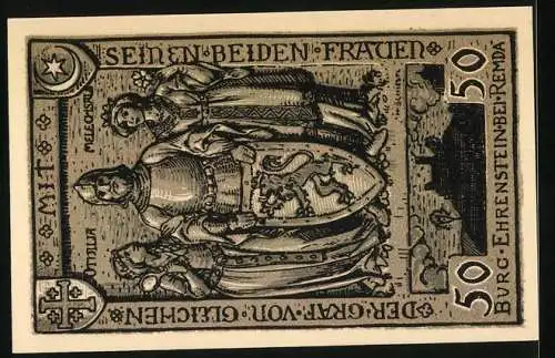 Notgeld Remda, 1921, 50 Pfennig, Gutschein der Stadt Remda i. Thür, Löwenwappen, Rückseite Burg Ehrenstein bei Remda