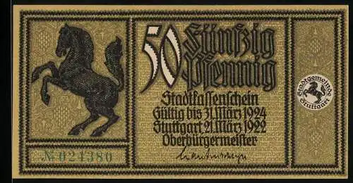 Notgeld Stuttgart 1922, 50 Pfennig, schwarzes Pferd und Strassenansicht mit historischen Gebäuden