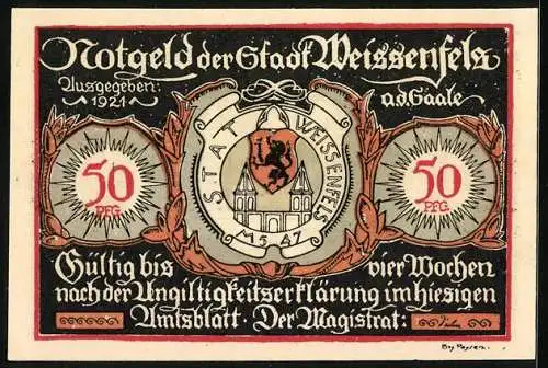 Notgeld Weissenfels 1921, 50 Pfennig, Soldatenschuh und Damenschuh, Stadtwappen und Gültigkeitshinweis