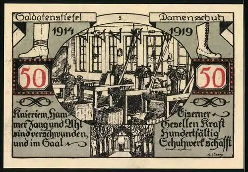 Notgeld Weissenfels, 1921, 50 Pfennig, Stadtwappen und Schuhwerkstatt