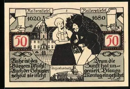 Notgeld Weissenfels 1921, 50 Pfennig, Reiterstiefel und Stadtsiegel-Design