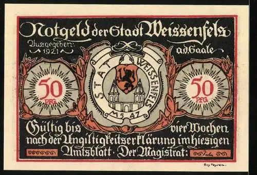 Notgeld Weissenfels 1921, 50 Pfennig, Reiterstiefel und Stadtsiegel-Design