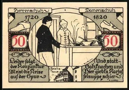 Notgeld Weissenfels 1921, 50 Pfennig, Herrenschuh und Damenschuh Darstellung, Gültig vier Wochen nach Bekanntmachung