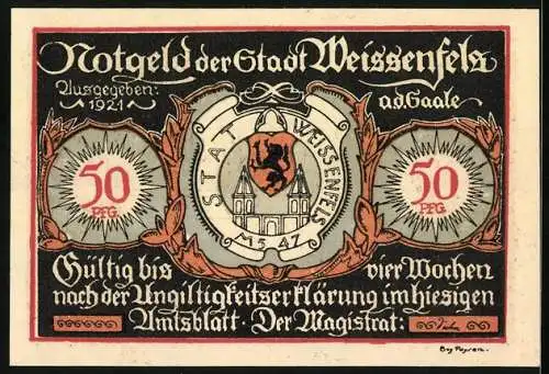 Notgeld Weissenfels 1921, 50 Pfennig, Herrenschuh und Damenschuh Darstellung, Gültig vier Wochen nach Bekanntmachung