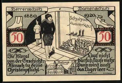 Notgeld Weissenfels, 1921, 50 Pfennig, Herren- und Damenschuhgeschichte Schuhhaus Ausverkauf und Stadtwappen mit Löwen