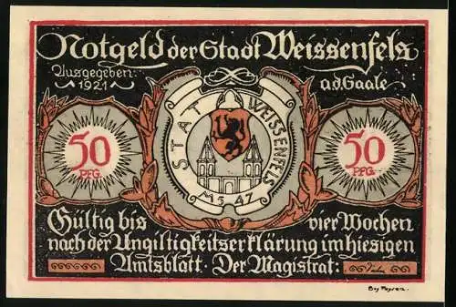 Notgeld Weissenfels, 1921, 50 Pfennig, Herren- und Damenschuhgeschichte Schuhhaus Ausverkauf und Stadtwappen mit Löwen