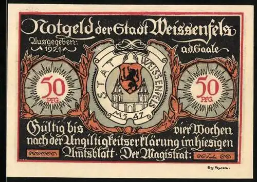 Notgeld Weissenfels 1921, 50 Pfennig, Wappen und Schusterwerkstatt Darstellung