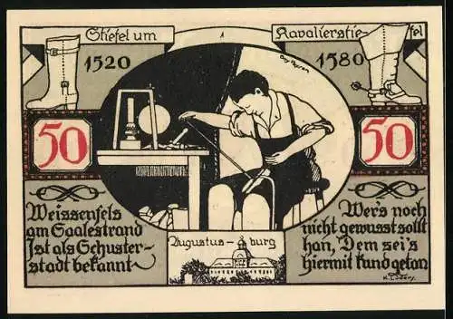 Notgeld Weissenfels 1921, 50 Pfennig, Wappen und Schusterwerkstatt Darstellung