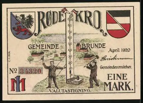 Notgeld Brunde, 1920, 1 Mark, Den traadløse Telegrafstation i Rødekro und Valutastigning mit Dorfszene