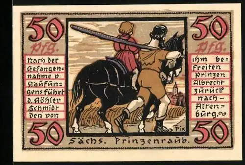 Notgeld Altenburg, 1921, 50 Pfennig, Sächsischer Prinzenraub und Stadtwappen