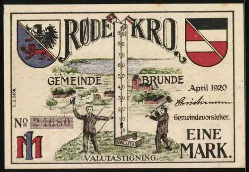 Notgeld Brunde 1920, 1 Mark, drahtlose Telegrafstation und Gemeinde Brunde