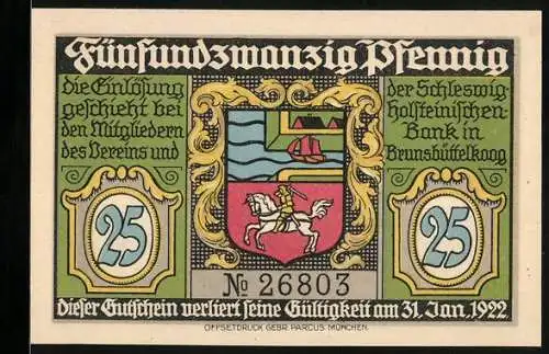 Notgeld Brunsbüttelkoog 1922, 25 Pfennig, Vereinsausgabe mit Wappen und Leuchtturm am Nord-Ostsee-Kanal