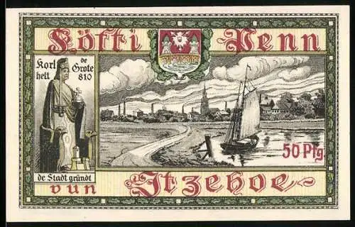 Notgeld Itzehoe, 1918, 50 Pfennig, Korl hett de Grote 810, Stadtansicht mit Segelschiff und Stadtwappen
