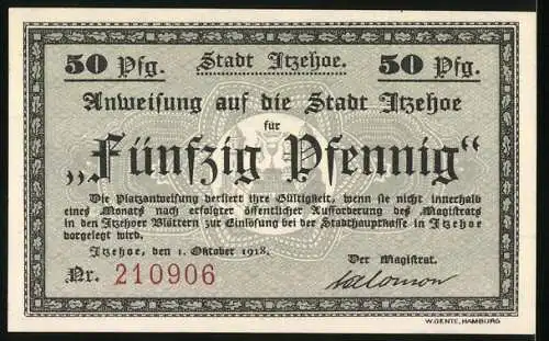 Notgeld Itzehoe, 1918, 50 Pfennig, Korl hett de Grote 810, Stadtansicht mit Segelschiff und Stadtwappen