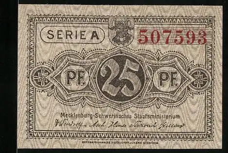 Notgeld Schwerin / Mecklenburg, 1922, 25 Pfennig, Serie A, Gültig bis 1. Mai 1922, Nr. 507593