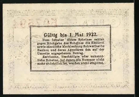 Notgeld Schwerin / Mecklenburg, 1922, 25 Pfennig, Serie A, Gültig bis 1. Mai 1922, Nr. 507593