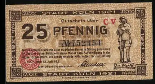 Notgeld Köln 1921, 25 Pfennig, Gutschein über 25 Pfennig mit Jan und Griet Motiv und lokaler Inschrift