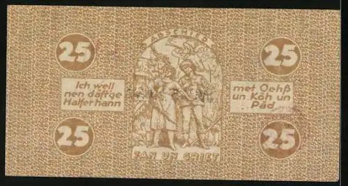 Notgeld Köln 1921, 25 Pfennig, Gutschein über 25 Pfennig mit Jan und Griet Motiv und lokaler Inschrift