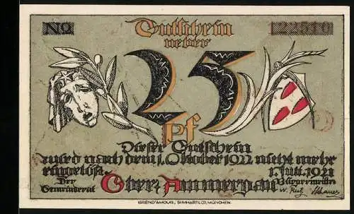 Notgeld Oberammergau 1921, 25 Pf, Stadtansicht mit Kirche und Denkmal, künstlerische Gestaltung