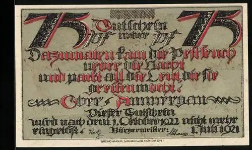 Notgeld Oberammergau, 1921, 75 Pfennig, Skelett mit rotem Umhang über Stadt und Gebirge, gotische Schriftzüge