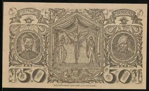 Notgeld Oberammergau, 1921, 50 Pfennig, Portraits von Ottmar Weiss und August Renner, ländliche Szene und Landschaft