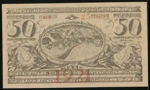 Notgeld Oberammergau, 1921, 50 Pfennig, Portraits von Ottmar Weiss und August Renner, ländliche Szene und Landschaft