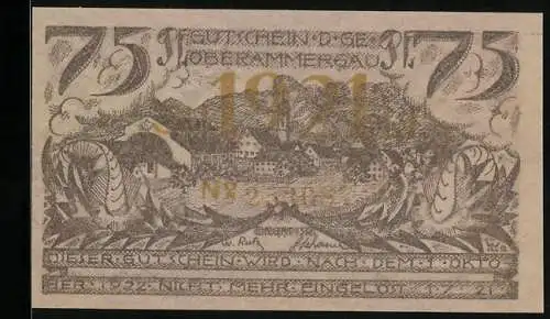 Notgeld Oberammergau 1921, 75 Pfennig, Dorfszene und Baum mit Figuren