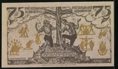 Notgeld Oberammergau 1921, 75 Pfennig, Dorfszene und Baum mit Figuren