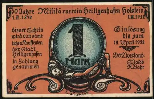 Notgeld Heiligenhafen, 1922, 1 Mark, 50 Jahre Militärverein mit trauernden Soldaten und Kreuz