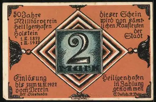 Notgeld Heiligenhafen 1922, 2 Mark, 50 Jahre Militärverein Heiligenhafen Holstein