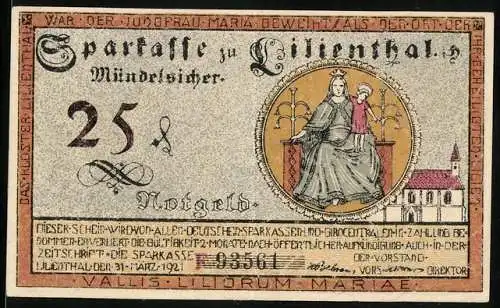 Notgeld Lilienthal, 1921, 25 Pfennig, Spar- und Landschaftsmotive, Kirche und Maria mit Kind