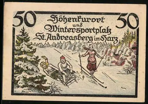 Notgeld St. Andreasberg, 1921, 50 Pfennig, Vorderseite Wintersportler, Rückseite Bahnhof und Wappen